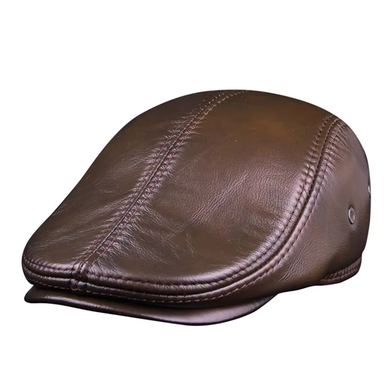 New Autumn Winter High Grade Real Full Grain Cow Leather Beret Cap For Men Business Retro Fashion Outing Warm Earflaps Visor