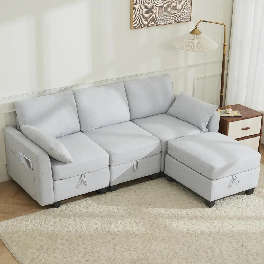 أريكة مقطعية على شكل حرف L قابلة للتحويل بثلاثة مقاعد من قماش الكتان مع مسند متحرك، مثالية للمساحات الصغيرة وغرف المعيشة #1