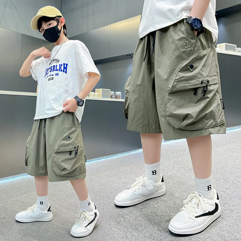 Teens Boys Summer Cargo Shorts with Pocket Kids Child Black Army Green Cotton Knee Length Pants 7 8 9 10 11 12 13 14 15 16 Years