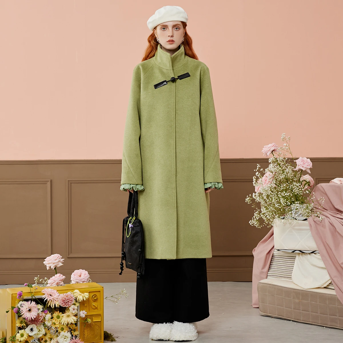 

2025 Winter Women's Double Faced Wool Long Coat Vintage Mid Length Trench Coat Leather Buckle Overcoat Retro Elegant Outerwear