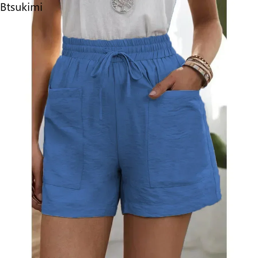 2025Women's Summer Casual Cotton Linen Shorts Pockets High Waist Elastic Loose Sports Shorts Woman Oversized Shorts Pants Female