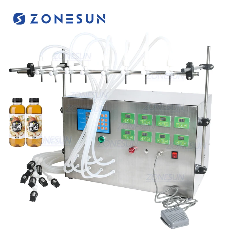 ZONESUN 8 Head Electric Digital Control Pump Liquid Filling Machine 0.5-4000ml For Liquid Perfume Water Juice Essential Oil