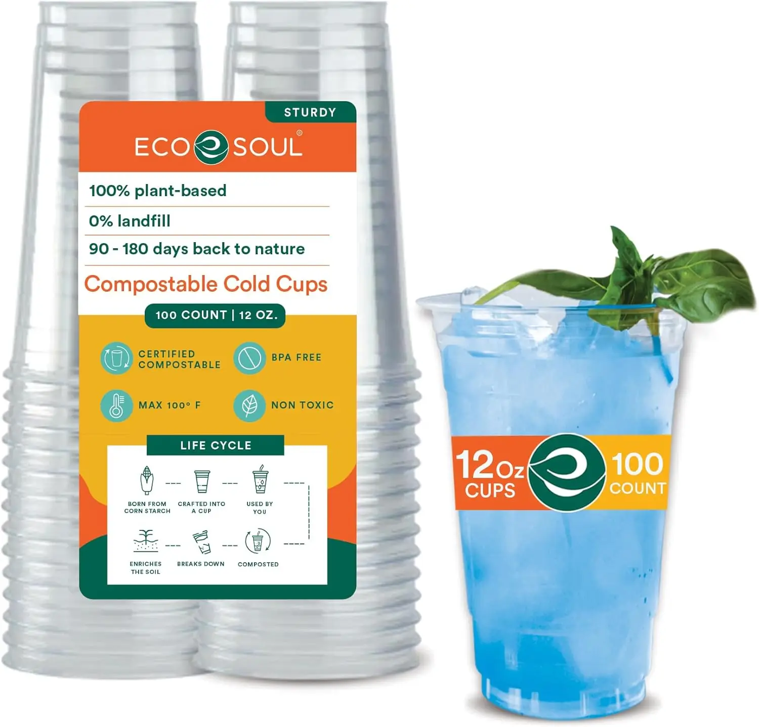 

100 Pack Compostable Party Cups 12 oz Plant-Based Disposable Clear Cold Cup for Wine, Coffee, Smoothie & Soda Drinks | C