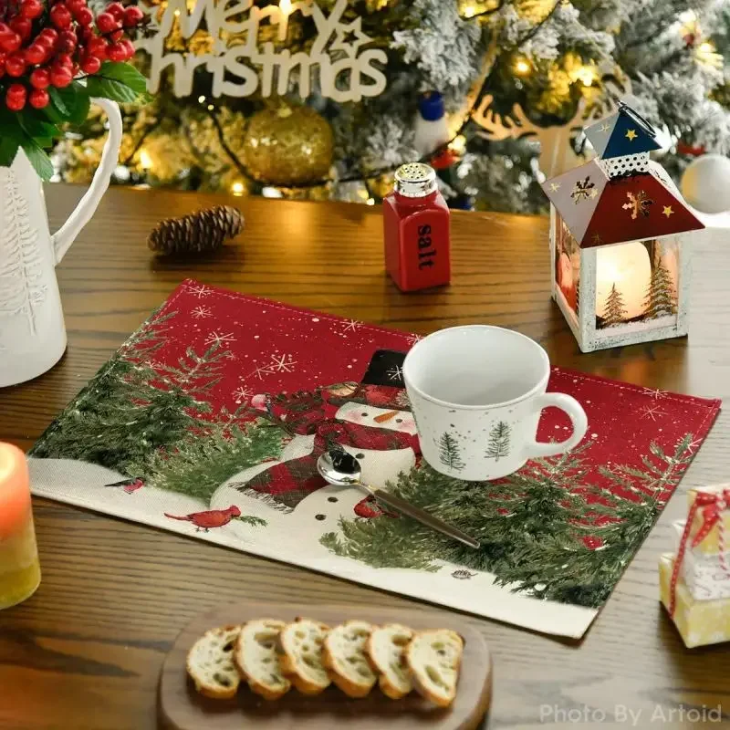 Snowman Cardinals Trees Christmas Placemats for Dining Table Seasonal Winter Xmas Holiday Rustic Vintage Washable Table Mats