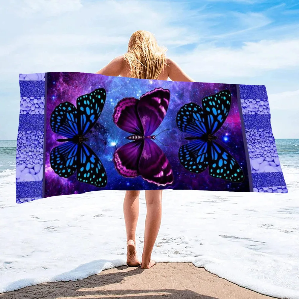 Customizable 3D Purple Butterfly Print Quick Dry Print Beach Towel Sports Fitness Sweat Towel Outdoor Pool Beach Mat Surf Shawl