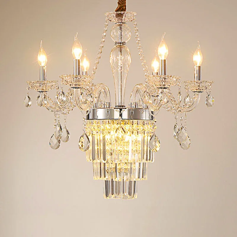 French Romantic Gold Luxury Villa Crystal Led Chandelier Nordic Elegant Clear Color 6-head Crystal Bedroom Hall E14 Pendent Lamp