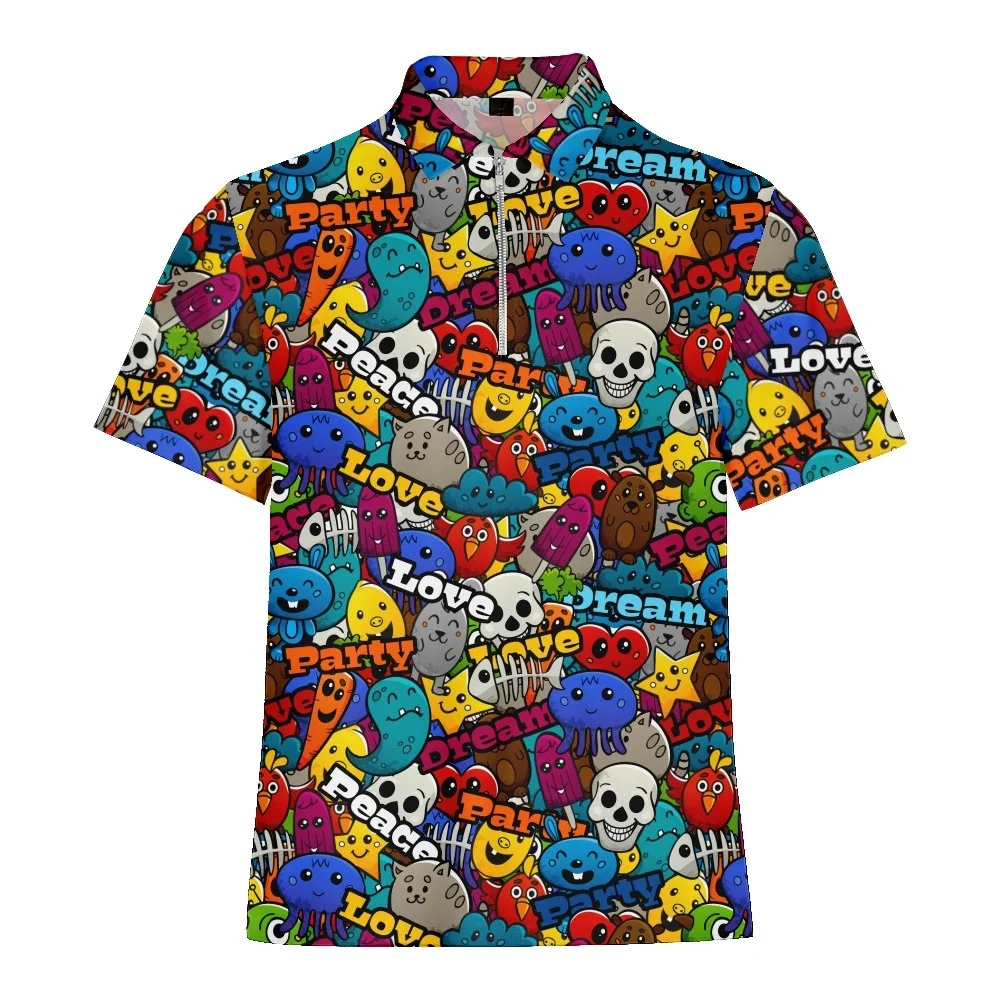 Cartoon Monster Graffiti Printed Summer Men\'s Zipper Collar Polo Shirts Casual Oversized Short Sleeve Fashion Tops Men Clothing