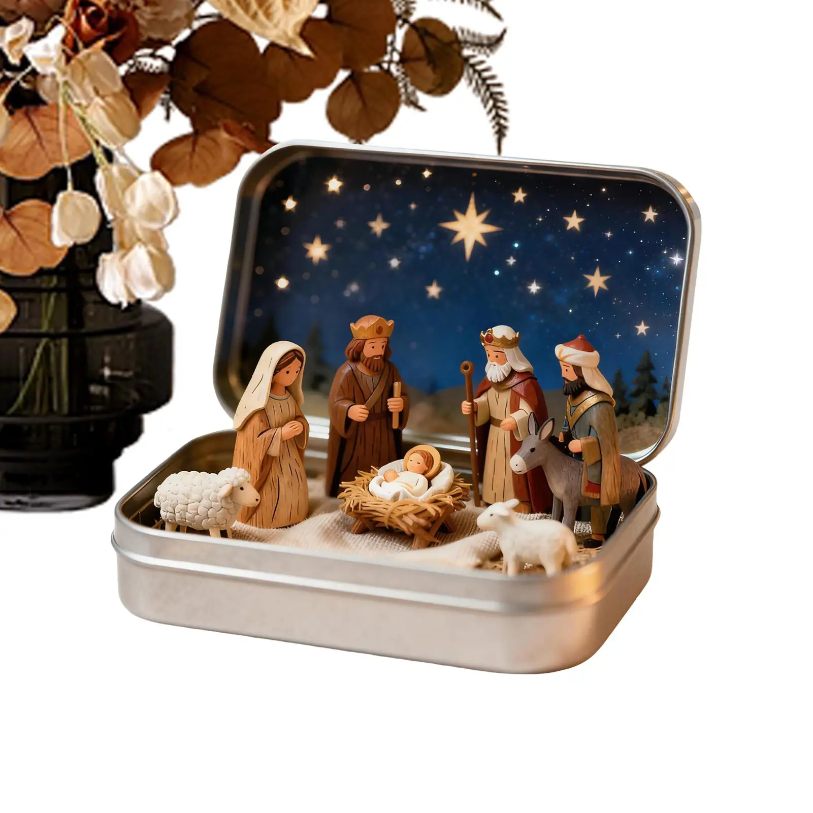 Nativity Set Christmas Decorations Resin Collectible Miniature Nativity Scene Set In Tin Box For Tabletop Cabinet Desk Bedside