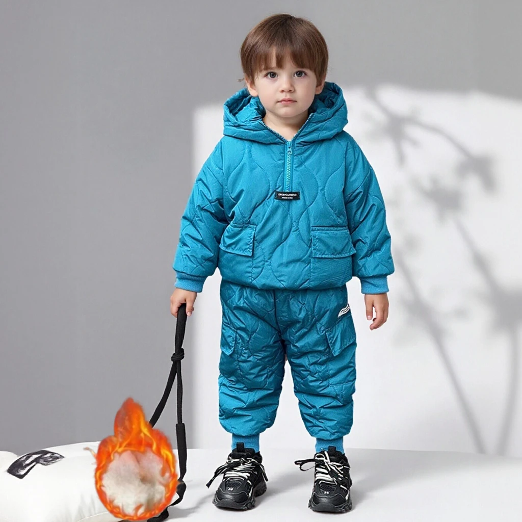 

Комплект зимней одежды для мальчиков, термокомбинезон, толстая теплая куртка с капюшоном, брюки, комплект из двух предметов для детей, повседневная повседневная одежда для прогулок 10 лет