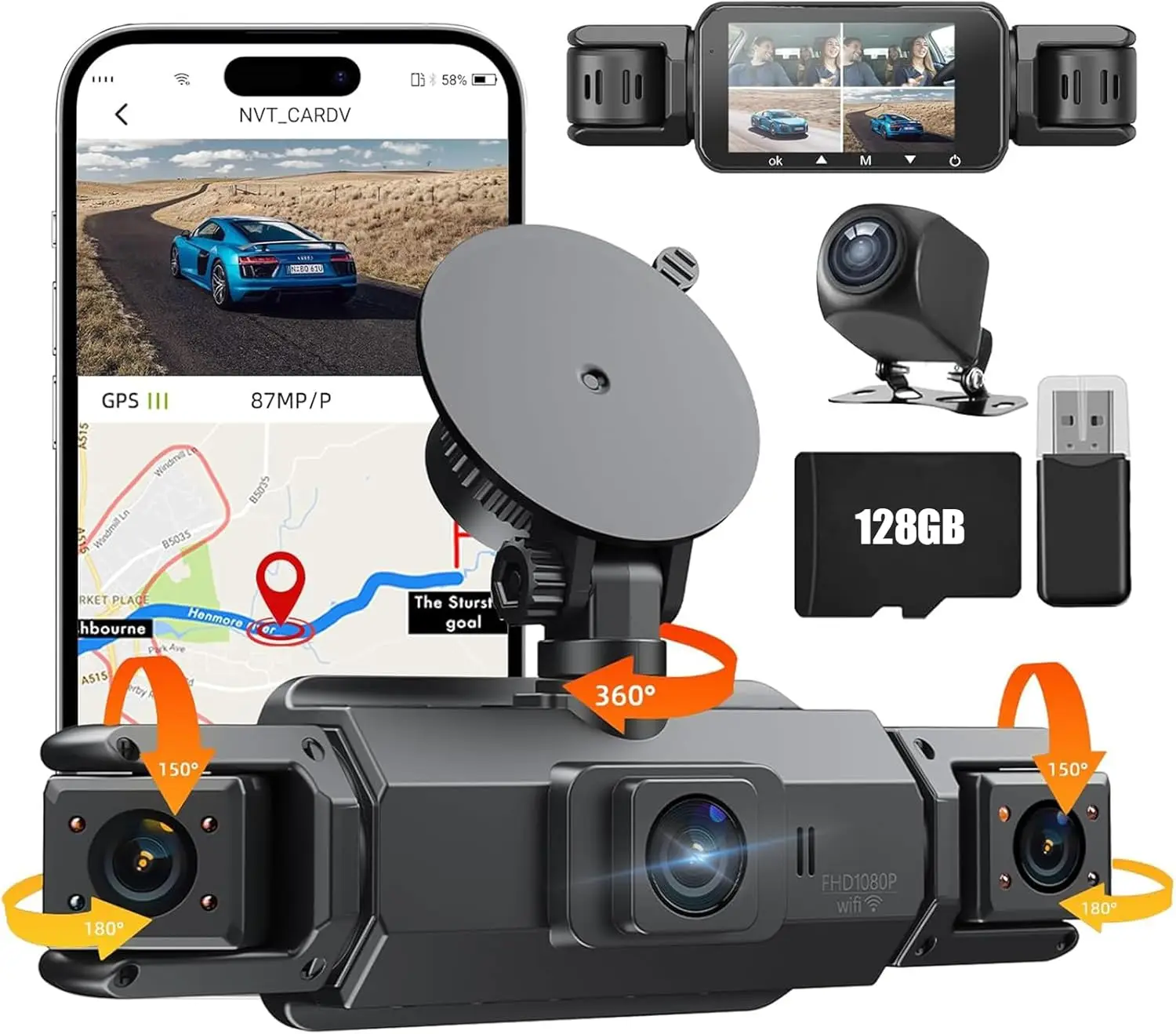 

2025 4-канальная видеорегистратор спереди и сзади, 2,5K + 1080P, 3,18 дюйма, IPS 360, автомобильная камера с Wi-Fi, GPS, 24/7, режим ночного видения, режим парковки, бесплатно, 128 ГБ C