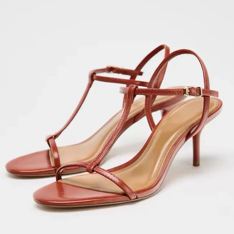 

2025 Summer New Hot Women Sandals Elegant Red Black One-word Belt Stiletto Heels Fashion Dress Party Sandals Female