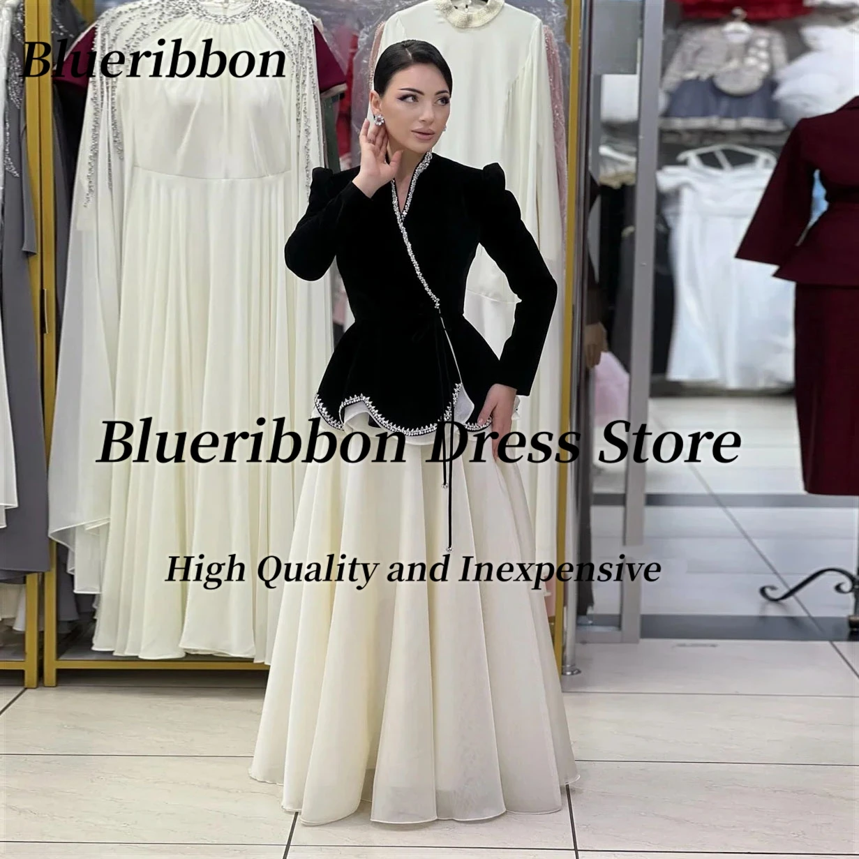 

Blueribbon Customized V Neck Beaded Women's Evening Dresses Long Sleeves Zipper Back Prom Dress A Line Saudi Party Gowns