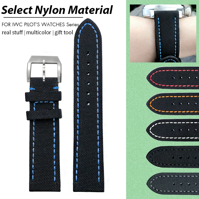 

21mm 22mm Nylon Canvas Leather Watchband for IWC PILOT'S WATCHES Black Red Yellow Green Orange Gray Colorful Fabric Watch Strap