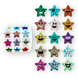 1500 Pcs/Roll Glitter Foil Small Star Stickers, 15 Designs Happy Face Stickers for Student Reward, Glitter Foil Star Stickers