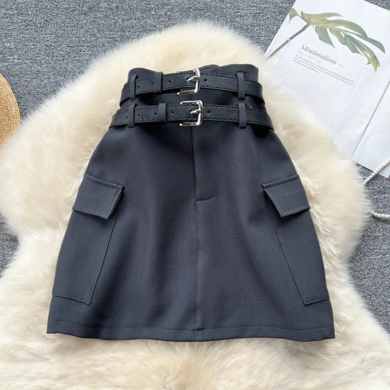 Hikigawa Summer High Waist Double Belt 2023 Summer Mini Skirts Vintage All Match Pocket Patchwork Solid Harajuku Roupas Feminina