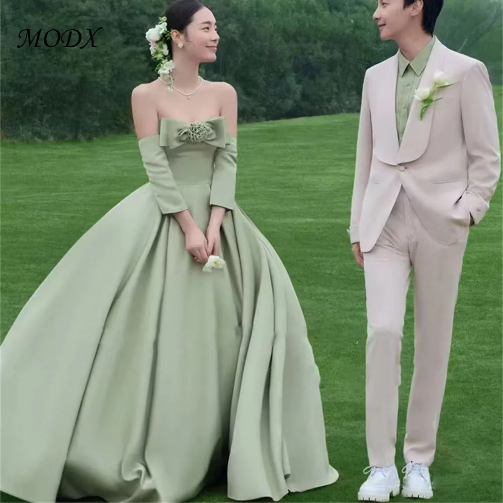 

MODX Sage Green Satin Evening Dresses Korea Wedding Photo shoot Strapless Bow Front Long Sleeves Soft Satin Garden Formal Party