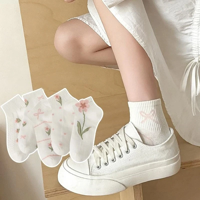 5 Pairs New Pink Bowknot Flower Cute JK Kawaii Short Socks Women's Socks Japanese Fashion All-match Sports Casual Ankle Socks