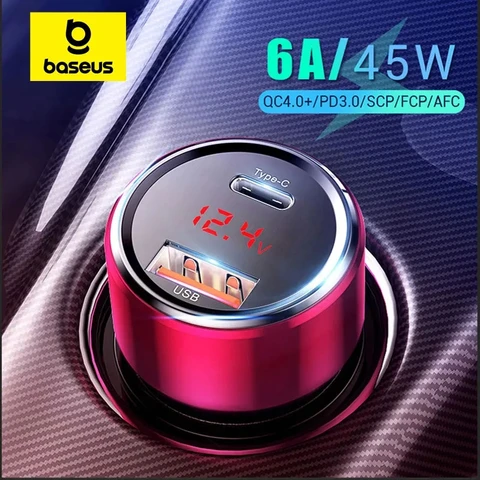 Автомобильное зарядное устройство Baseus 45 Вт QC 4.0 3.0 для Xiaomi Huawei Supercharge SCP Samsung AFC Quick Charge Fast PD USB C Портативная зарядка для телефона