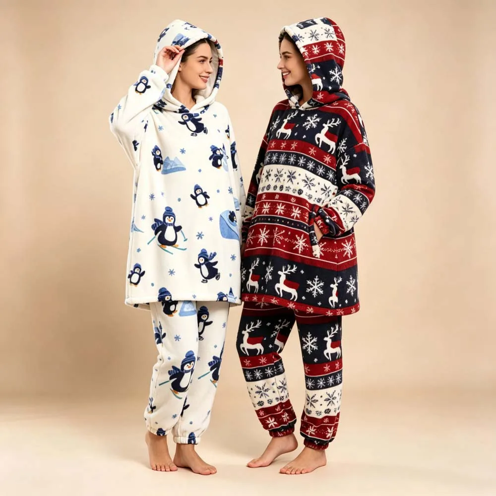 Men's Fashion Hoodies+Pants 2pcs Clothing Sets Adult Winter Flannel Warm Pajamas Sets Christmas Sleepwear Homewear Loungewear