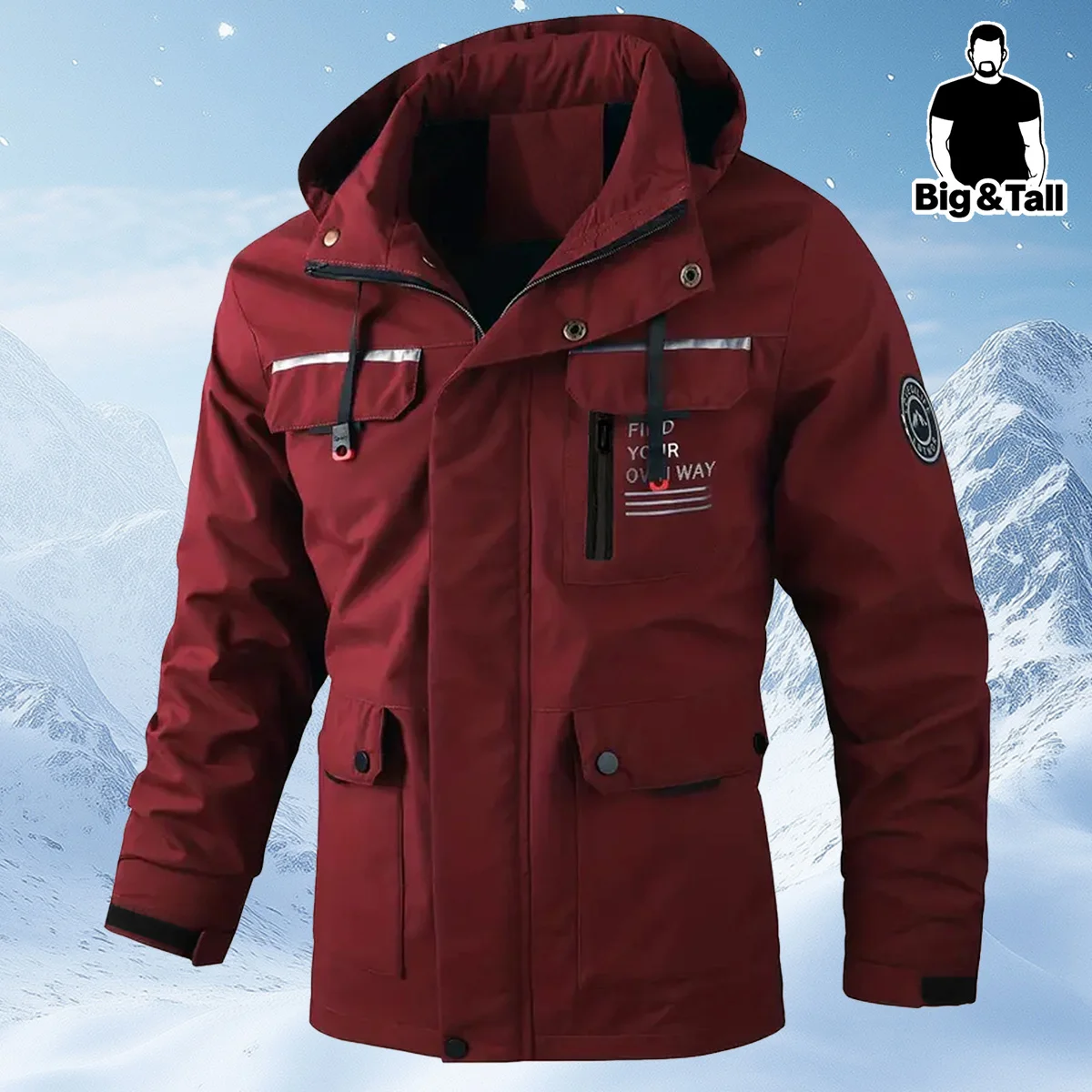 Jaket kerja pria ukuran besar dengan tudung dan tali serut, cocok untuk mendaki gunung, berbelanja, dan aktivitas sehari-hari.