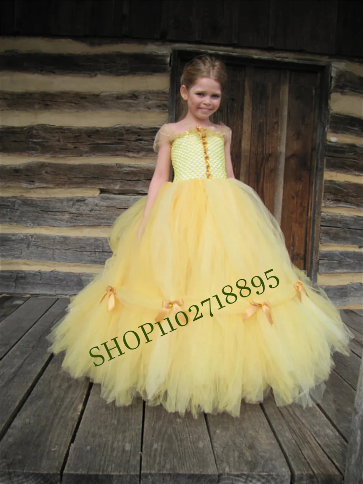 Yellow Tulle Fluffu Flower Girl Dress For Wedding Floor Length With Bow Elegant Child's First Eucharistic Birthday Party Dresses