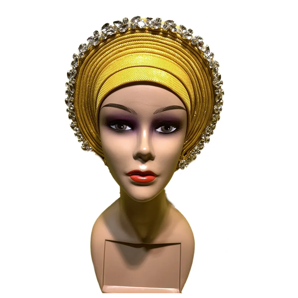 Latest Blue African Hijab Caps with Diamonds Already Made Aso Oke Gele Headtie Turban Head Wrap for Ladies XM424-1