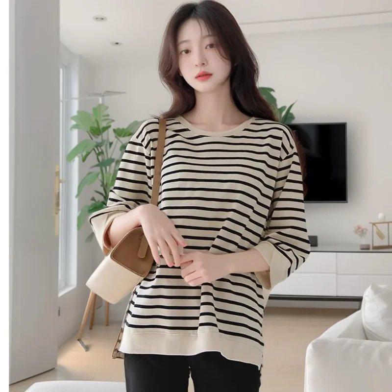 

Spring New Design Loose Mid-sleeve Striped Bottoming Shirt Western Style Top Ins Trendy Three-quarter Sleeve T-shirt for Women