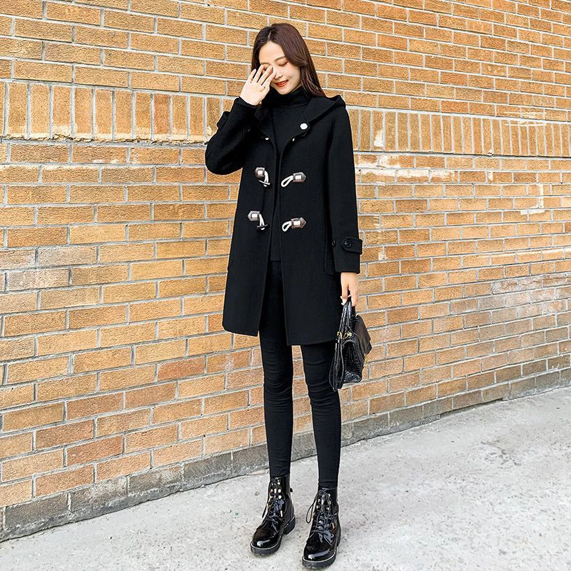 

plus Size Winter Coat Hepburn Sle Long Sve Button Detail Thiened Woolen Jaet Hat with Coat Sli Commute Korean Ve...