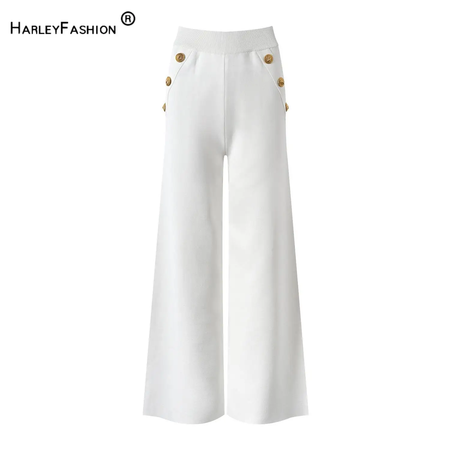 2024 Fashion Designed Buttons Spring Office Lady Trousers Straight Cutting Elastic Waist Women Casual Loose Pants