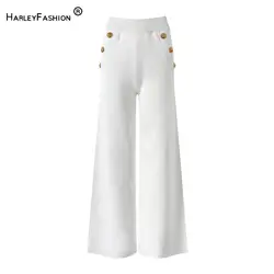 2024 Fashion Designed Buttons Spring Office Lady Trousers Straight Cutting Elastic Waist Women Casual Loose Pants