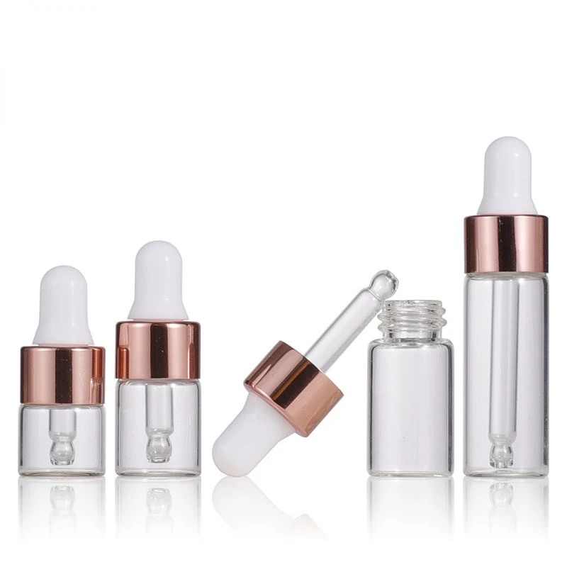 10 Stück Mini-Tropfflaschen aus Glas, leer, ätherisches Öl, Aromatherapie-Flaschen, 1 ml, 2 ml, 3 ml, 5 ml, Roségold-Kappe, Pipettenflaschen – Detail 2