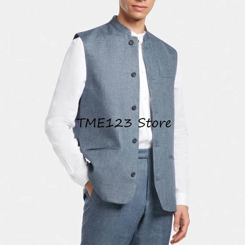 

Best men's stand collar linen single breasted one-piece pocket vest casual light and versatile spring and summer sleeveless vest