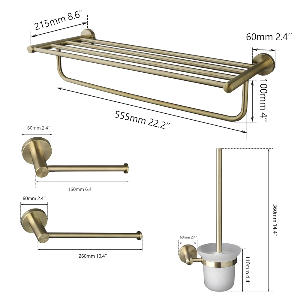 Torayvino Brushed Gold Bathroom Accessories Set Stainless Steel Bath Hardware Wall Mounted Bathtub Toilet Brush & Towel Rack
