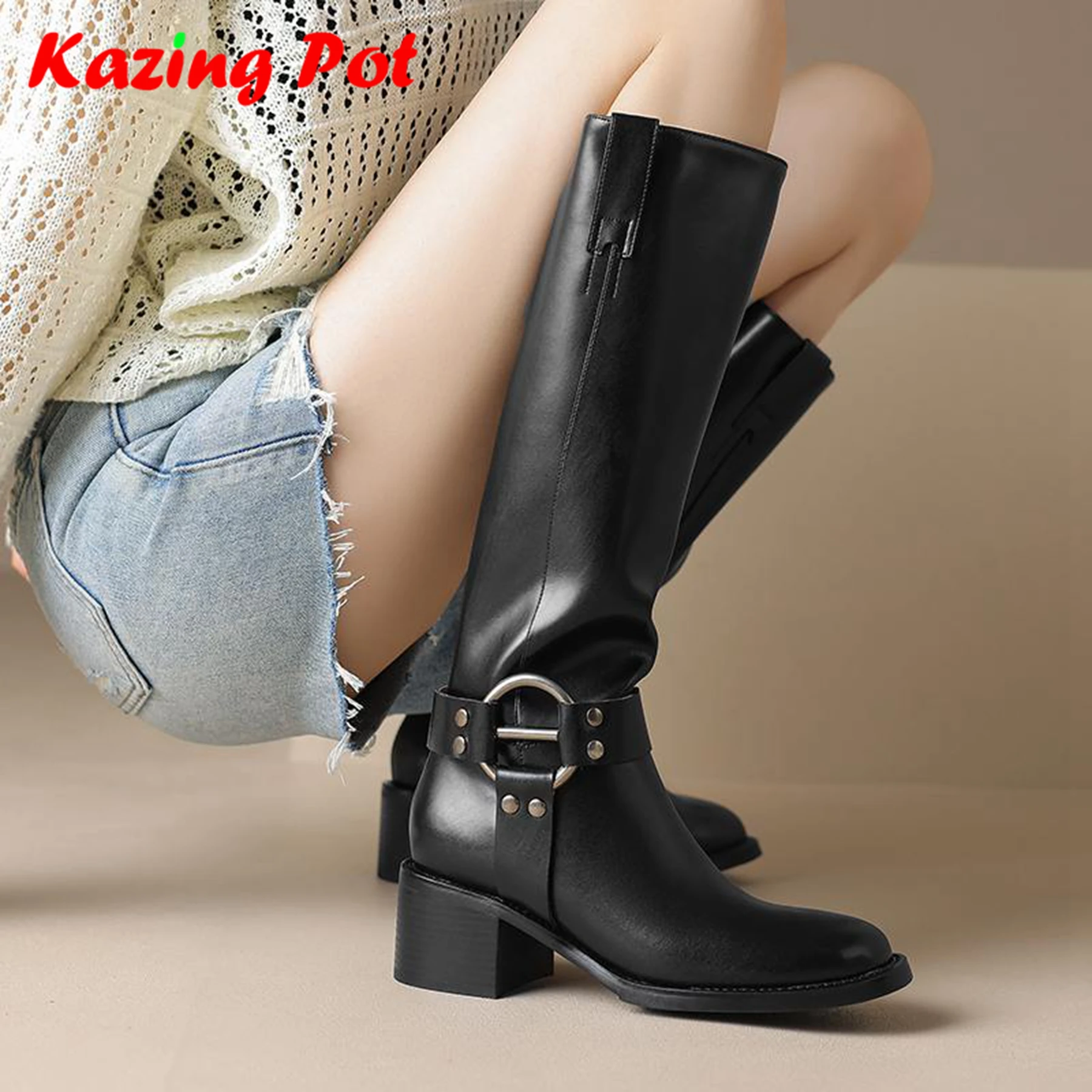 

Krazing Pot Cow Skin Round Toe Thick Heels Riding Boots British School Zip Circle Buckle French Romantic Model Thigh High Boots