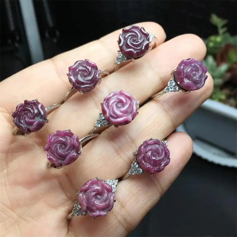 S925 Natural Ruby Flower Ring Healing Crystal Stone Reiki DIY Jewelry Accessories  Holiday Gift 1PCS