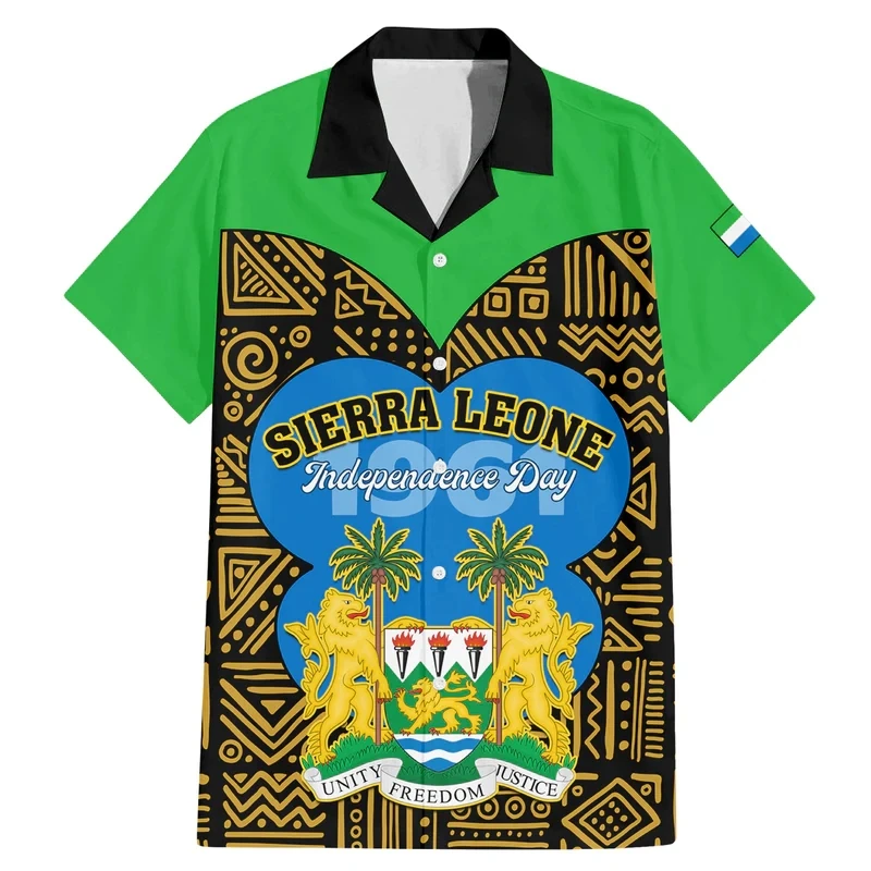 Africa Sierra Leone Map Flag 3D Print Shirts For Men Clothes National Emblem Beach Shirts Patriotic Coat Of Arms Blouses Tops