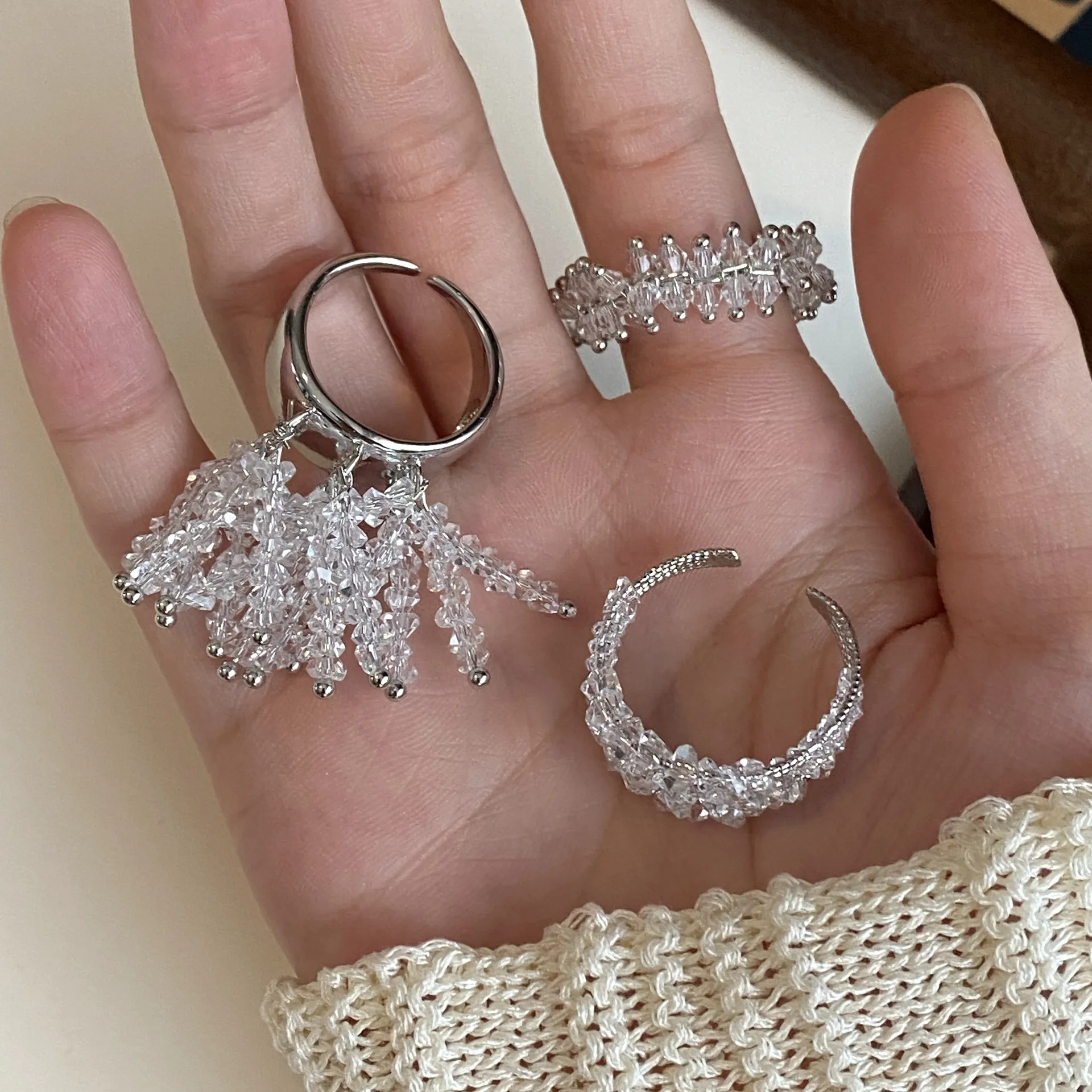 Light Luxury Heavy Craft Tassel Finger Ring Women Sparkling Rhinestone Broken Beads Fringe Open Band Wedding Party Dress Accesso