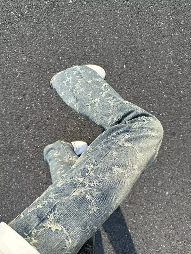 

Rose Embroidered Denim Jeans Men's Straight Leg Waed High Street Sle Spring Autumn New Arrival Bell Bot Casual Wear