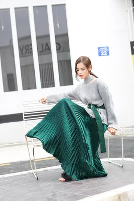 2024 Vintage Silver black skirt metal solid flared Maxi Skirt Beach Long Pleated Skirts High waist female quality women saia