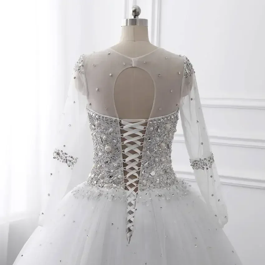 Cristais personalizados beading vestido de baile robe de mariée 2023 vestidos de casamento trem varredura mangas compridas rendas apliques vestidos de noiva