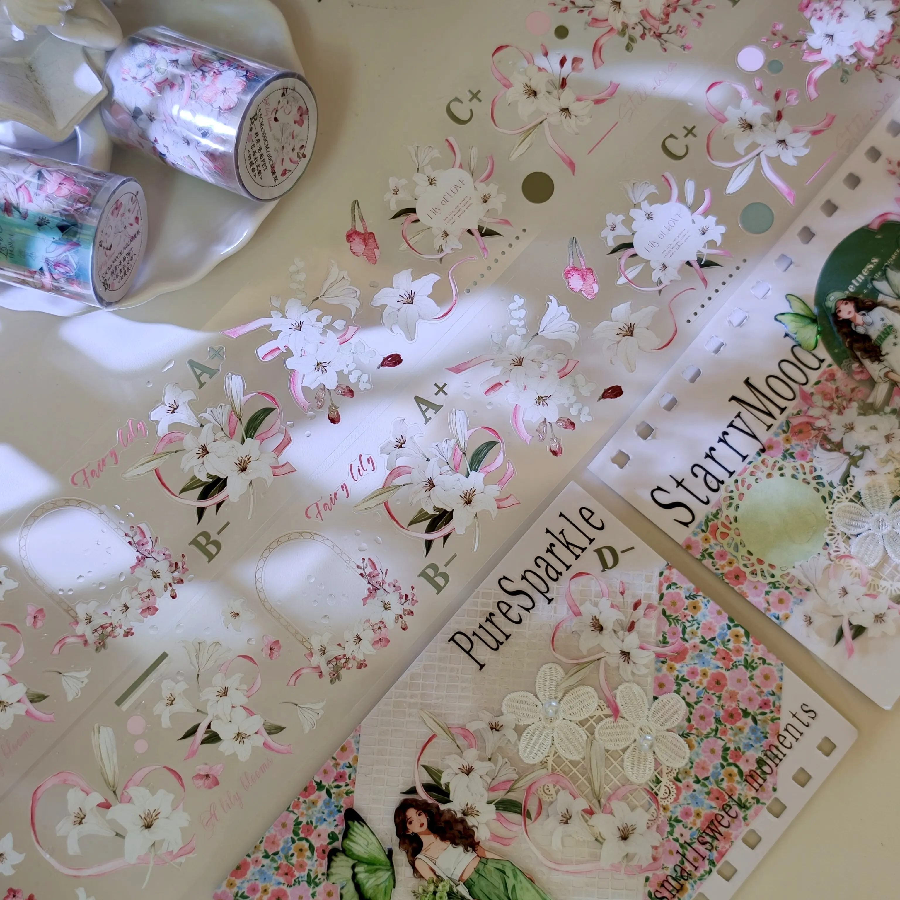 PET Die-Cut Sticker Tape for Scrapbooking Pink Lily Letter Series Transparent Floral DIY Journaling Supplies