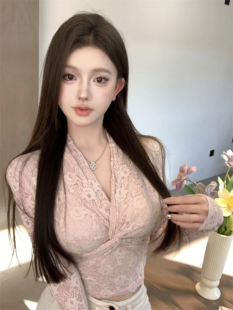 

Sexy Women's Retro Lace Base Shirt Fashion Twist Cross V-neck Slim Long Sleeve Top T-shirt Korean Style Commute Winter Short ...