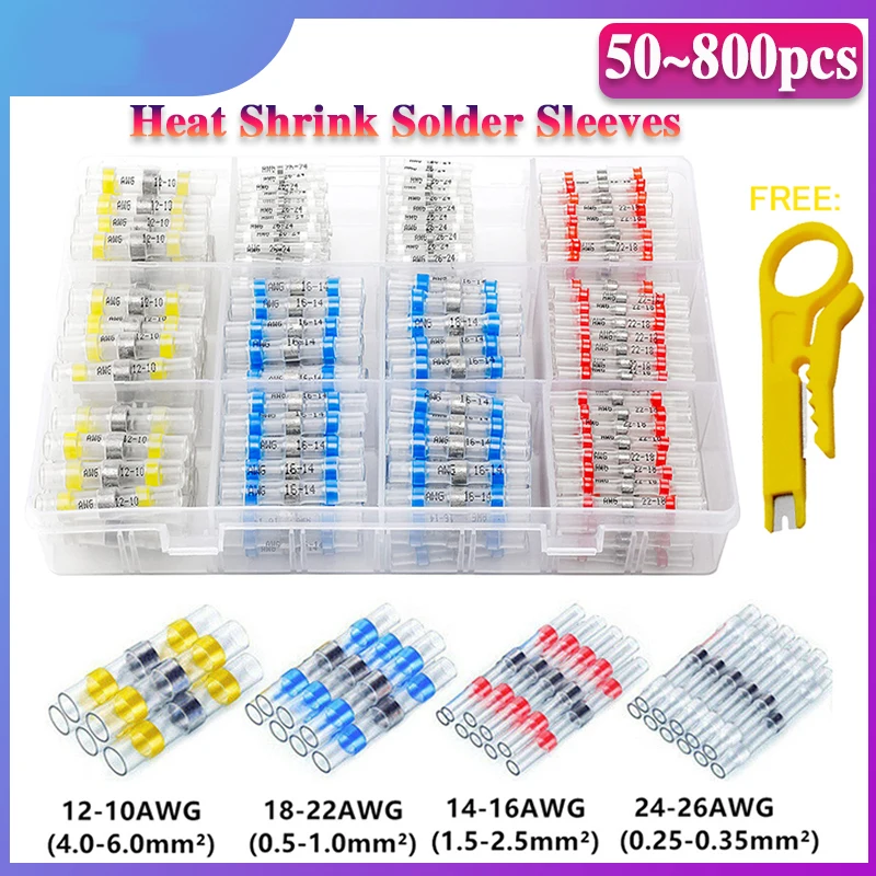 50-800Pcs Heat Shrink Butt Crimp Terminals Waterproof Solder Seal Electrical Connectors Wire Cable Splice Kit Automotive Marine