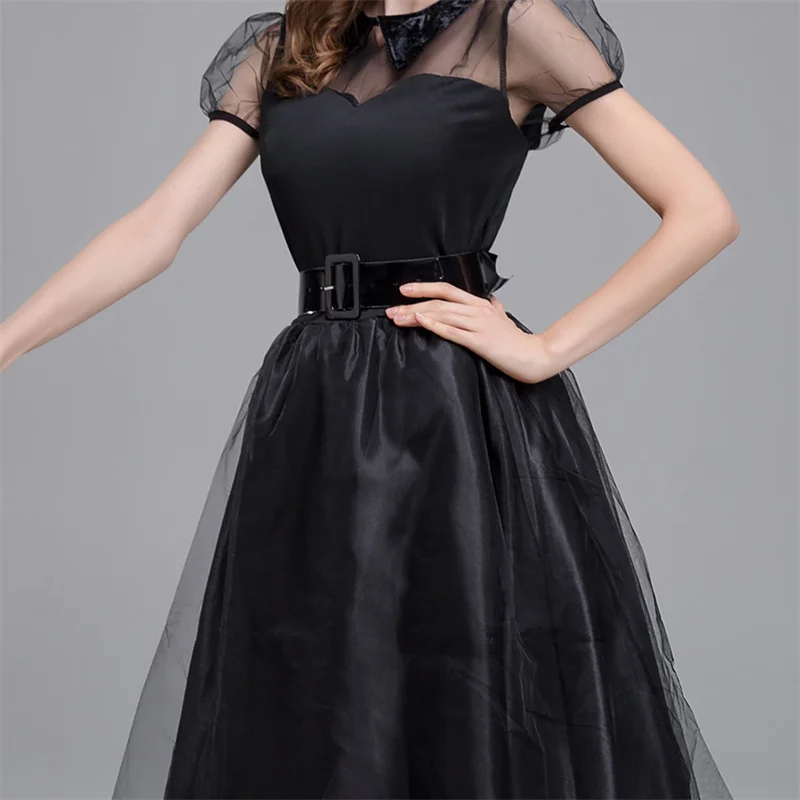 Ladies Black Witch Dress Sexy Women Halloween Magic Costume Carnival Masquerade Game Gothic Mesh Dress With Witch Hat