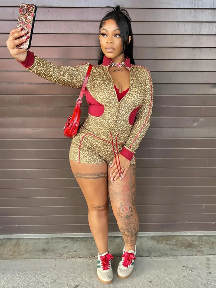 น้องสาว Star ชุดแฟชั่นสี Clash เสือดาวพิมพ์ซิปเสื้อสเวตเตอร์ถักแขนยาวสายรัดอารมณ์ Commuter ชุด 2 ชิ้น