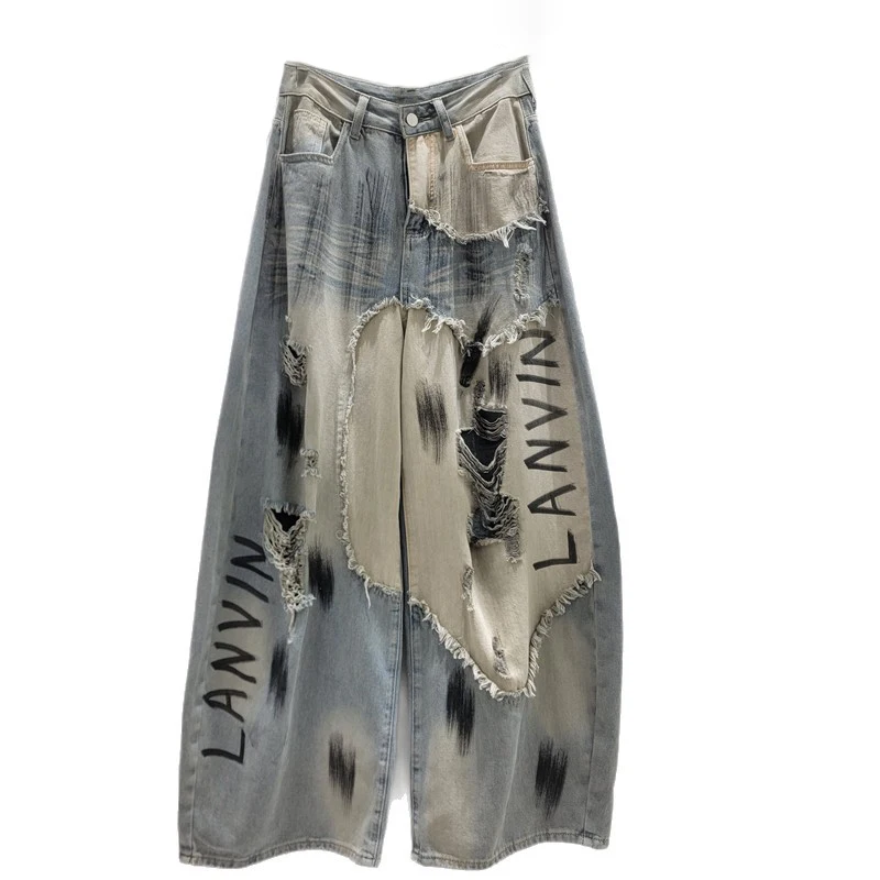 WTHT Fashion Summer 2026 Women Letter Patchwork Irregular Frayed Hole Denim Pants Vintage Gradient Loose Jeans Female 1LS3107
