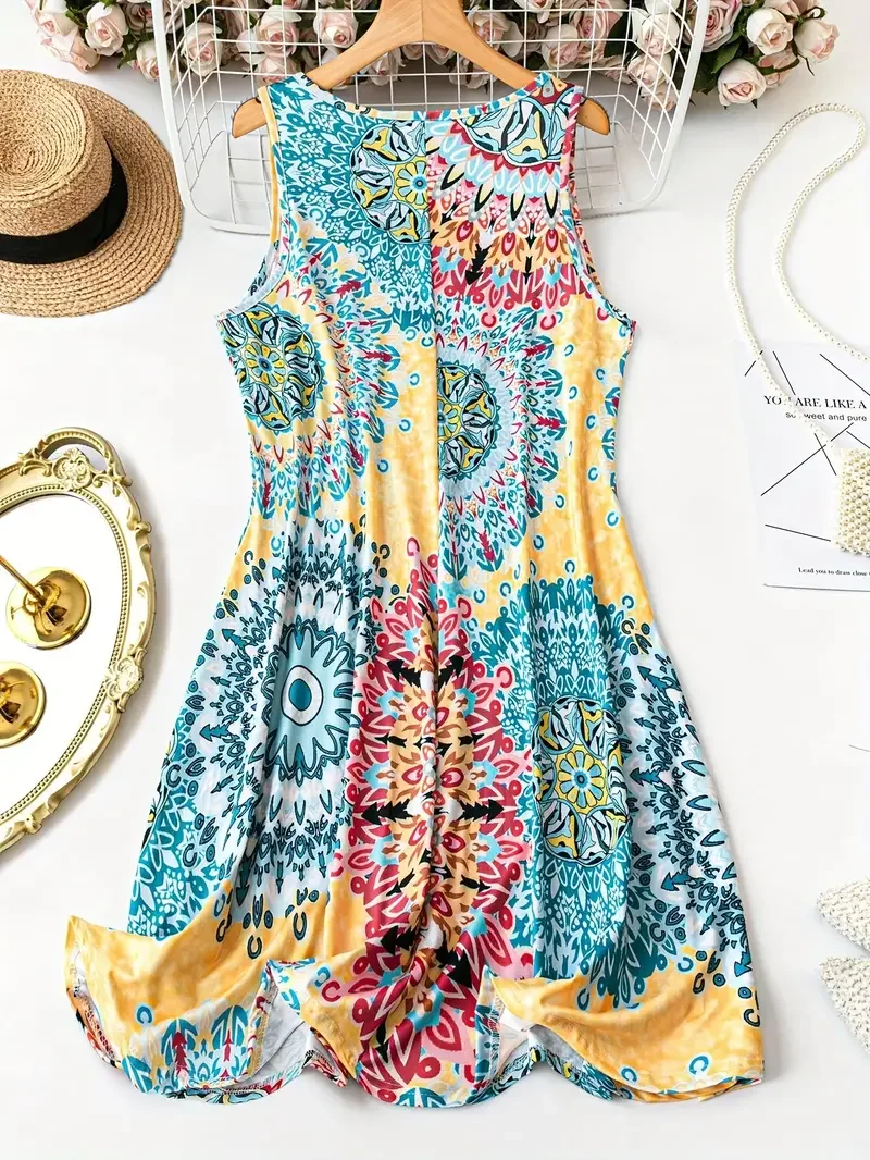 플러스 사이즈 여성용 프린트 캐주얼 브이넥 민소매 드레스