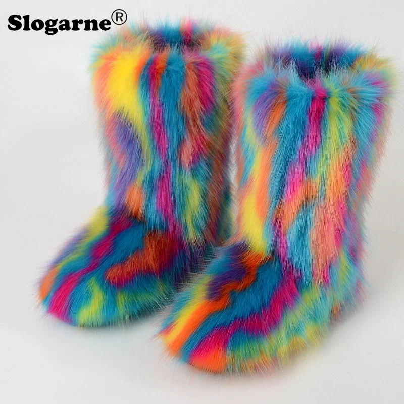 Women\'s Winter Colourful Fox Fur Snow Boots Outdoor Luxury Furry Faux Fur Boots Female Plush Warm Bottes Woman Fashion Fur Shoes