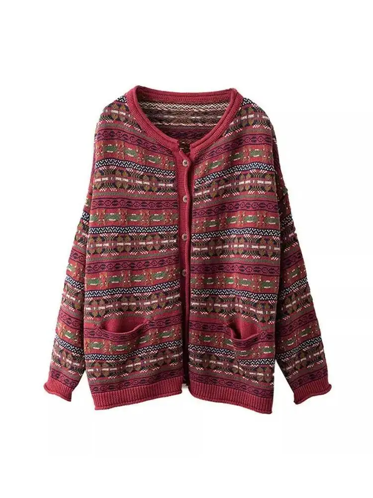 Amax LuluE Korean Fall Knitwear Womens Loose Printed Fashion Cardigans Ladies Leisure Vintage Classic Harajuku Big Size Sweaters
