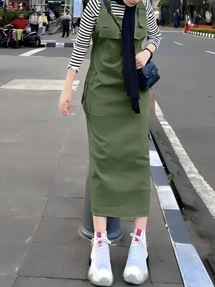 

Stylish Women Overalls Dress Spring Summer Sundress ZANZEA Muslim Abaya Elegant Work Robes Vintage Strap Solid Cargo Vestidos